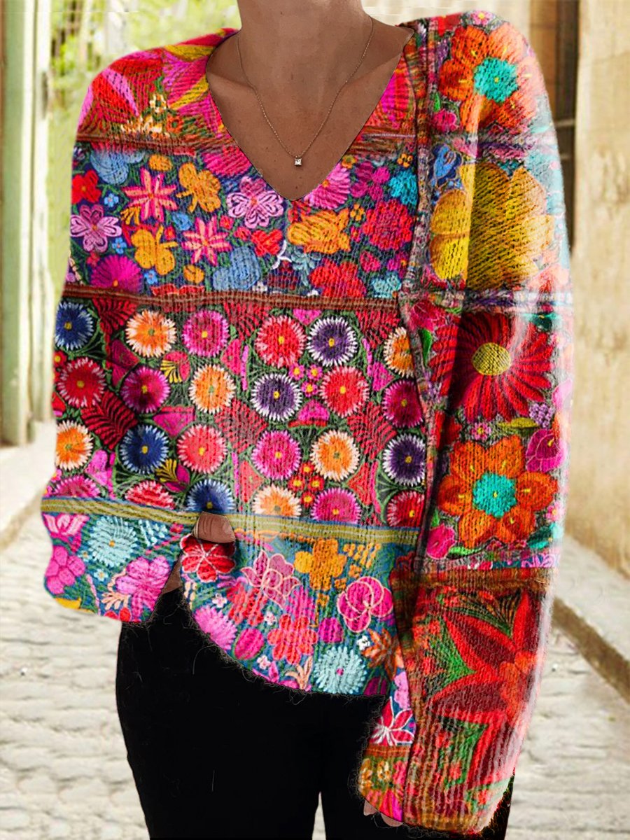 Women's Vintage Floral Art Print Casual V Neck Pullover Sweater