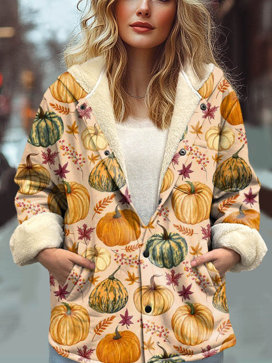 Women's Lovely Pumpkin Thanksgiving Art Print Waffle Plush Thick Long-Sleeved Hooded Coat