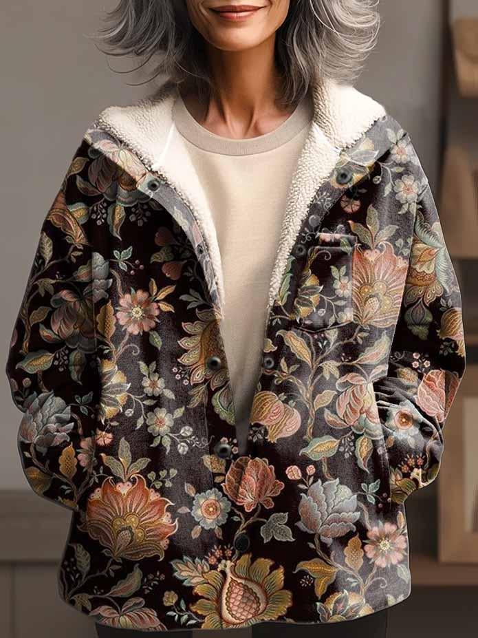 Women's Ethnic Art Print Waffle Plush Thick Long-Sleeved Hooded Coat