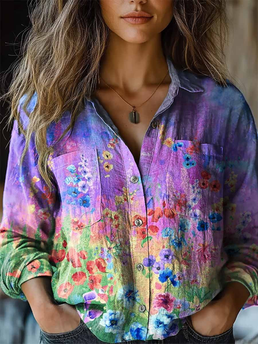 Women's Watercolor Colorful Flowers Pattern Long Sleeve Comfortable Cotton Shirt