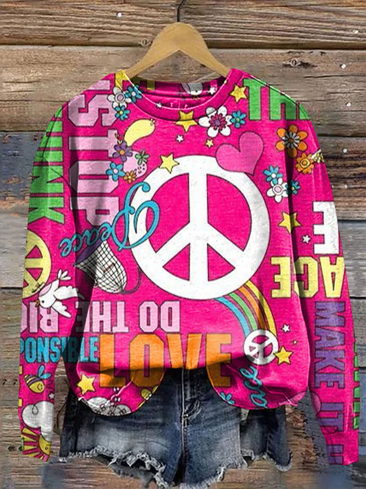 Women's Vintage Hippie Peace Letter Art Print Casual Sweatshirt