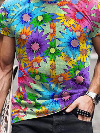 Men's Peace And Love Flower Art Print Casual T-Shirt