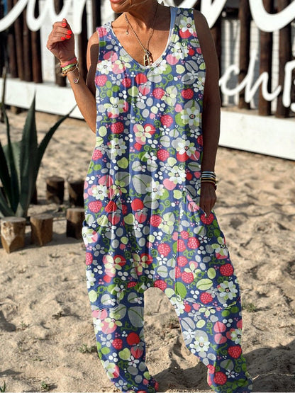 Floral Pattern Hippie Art Print Casual 100% Cotton Wide Leg Jumpsuit