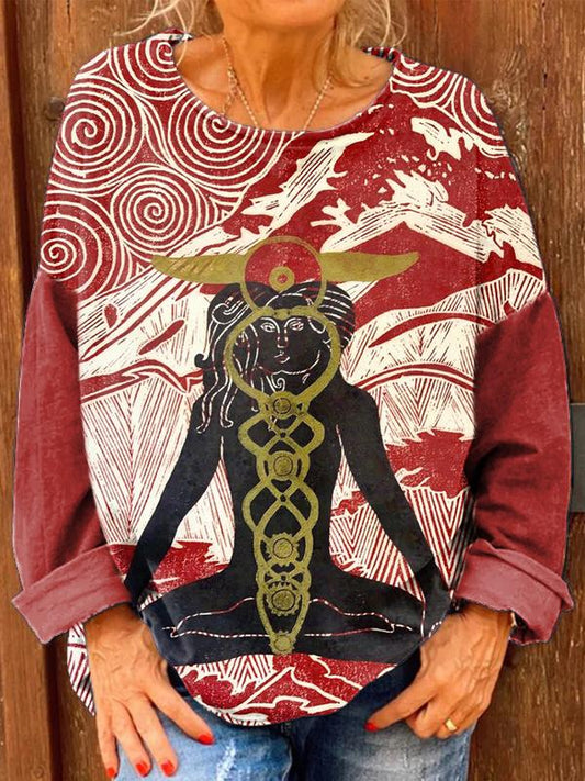 Women's Retro Totem Meditation Print Casual Sweatshirt