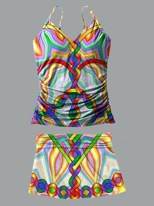 Abstract Hippie Art Print Suspender Skirt Tankini Pantskirt Set Swimsuit