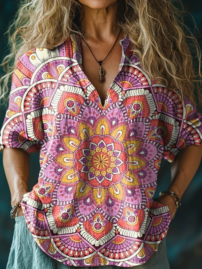 Women's Floral Mandala Print Casual Linen V-neck Shirt