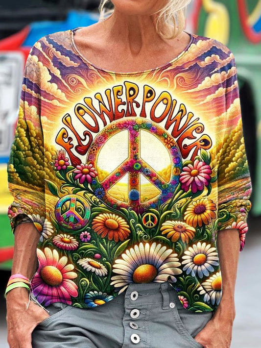 Women's Peace And Love Flower Power Pattern Art Print T-shirt