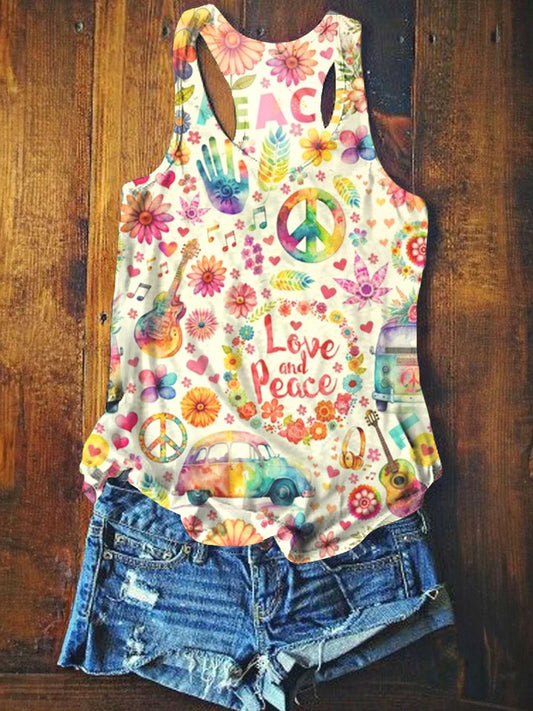 Vintage Hippie Watercolor Peace Flower Power Print Tank Top