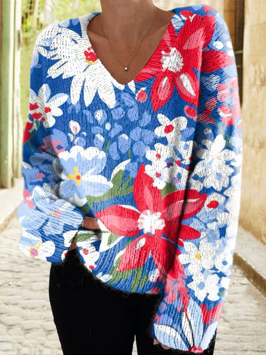 Women's Floral Casual V Neck Pullover Sweater