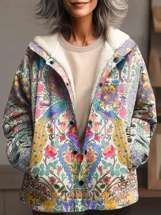 Women's Ethnic Art Print Waffle Plush Thick Long-Sleeved Hooded Coat