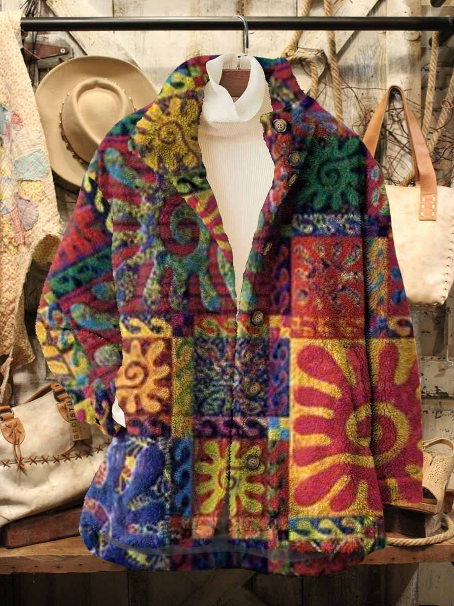 Women's Bohemian Ethnic Patchwork Art Pattern Casual Sherpa Coat Cardigan