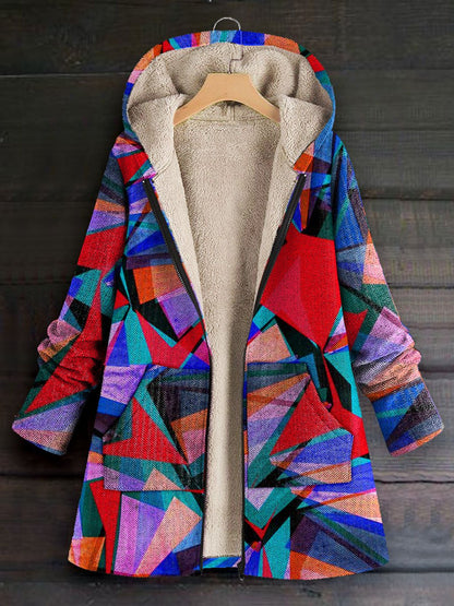 Women's Colour Blocking  Art Print Casual Winter Warm Cosy Long Sleeve Fleece Coat