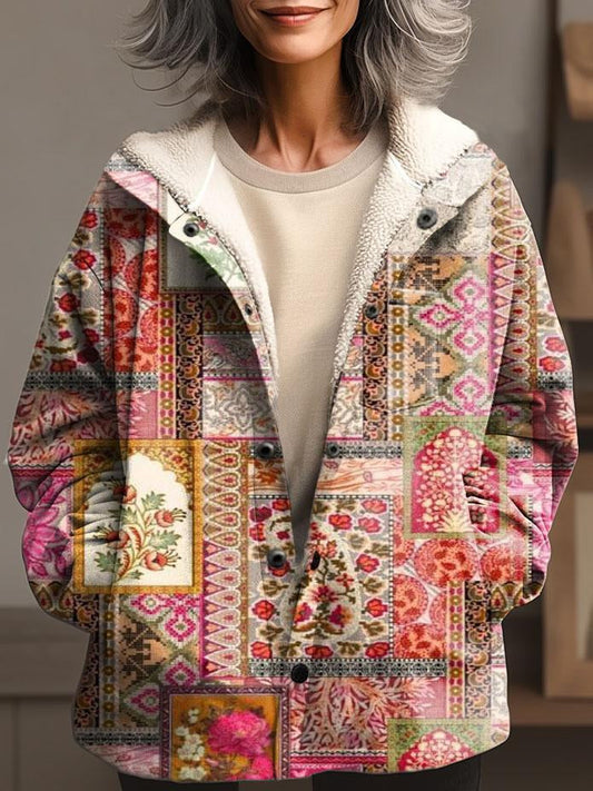 Retro Floral Collage Print Waffle Plush Thick Long-Sleeved Hooded Coat