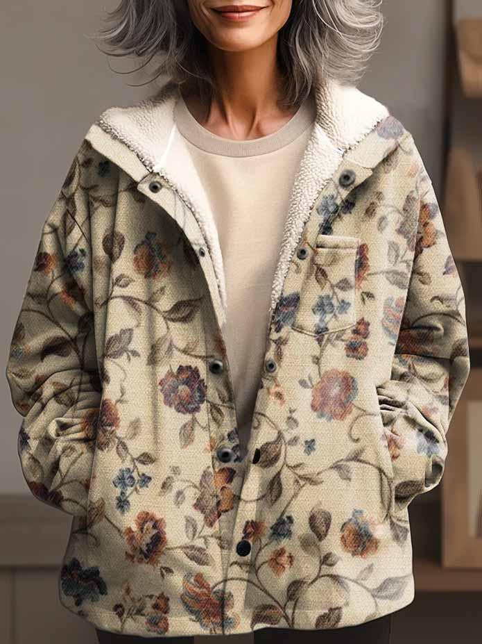 Women's Vintage Folk Floral Art Print Waffle Plush Thick Hooded Coat