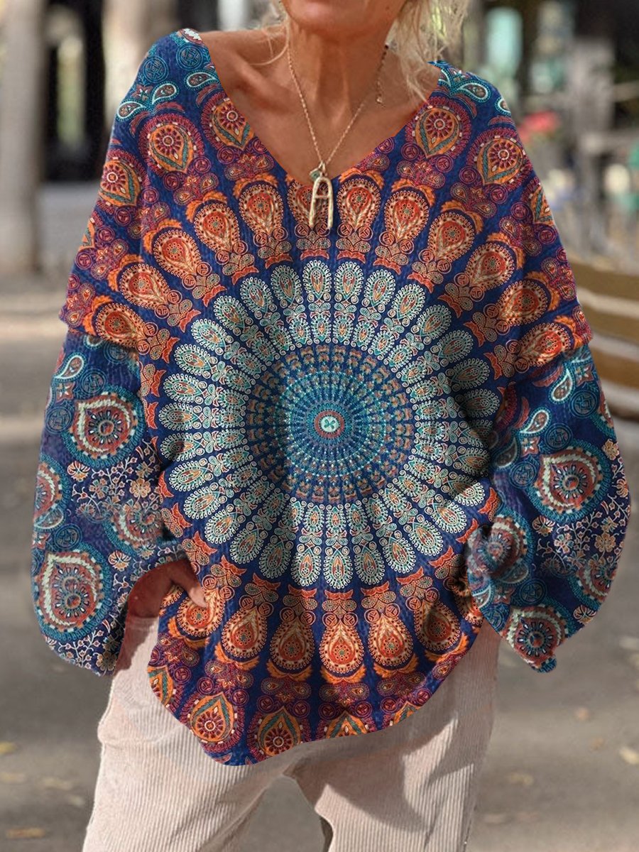 Women's Mandala Art Print Casual Pullover Sweater