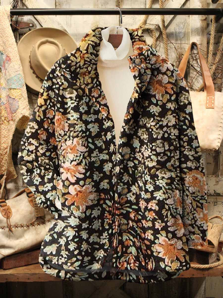 Women's Retro Floral Art Pattern Casual Sherpa Coat Cardigan