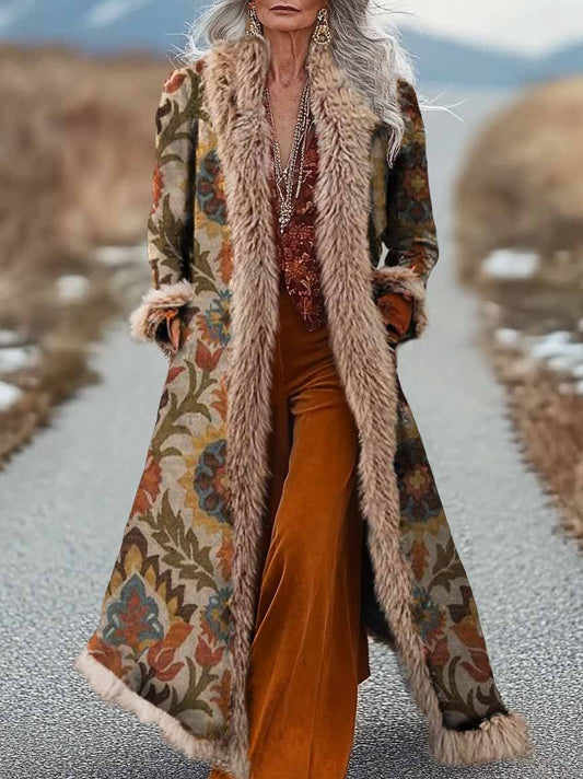 Women's Vintage Ethnic Floral Art Print Fur Patchwork Suede Long Afghan Coat