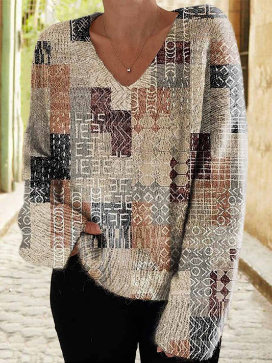 Women's Retro Plaid Patchwork Art Pattern Casual V-Neck Knit Sweater