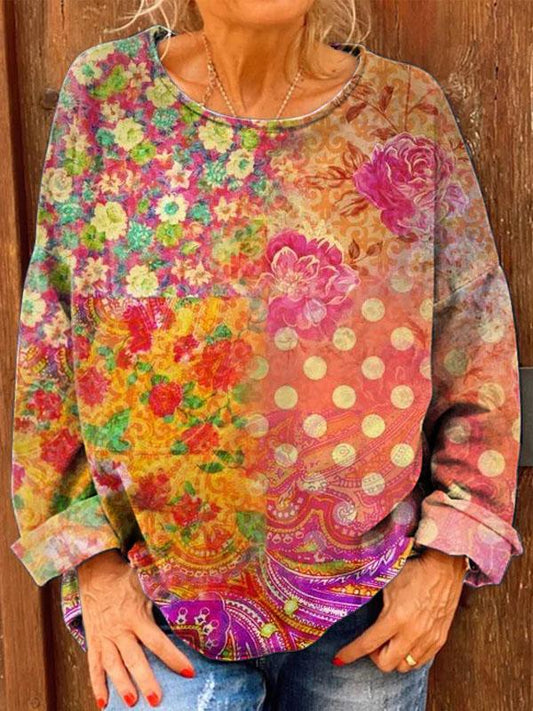 Women's Retro Floral Patchwork Art Print Casual Sweatshirt