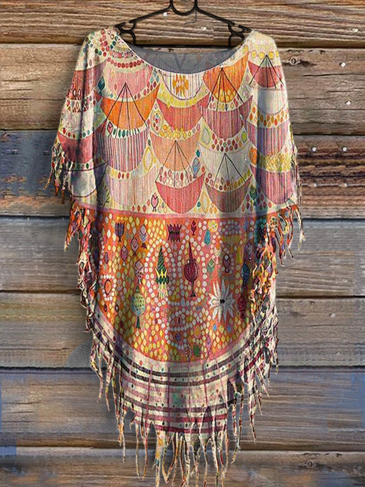 Women's Vintage Totem Print Punk Hippie Batwing Tussle Fringes Poncho Dress