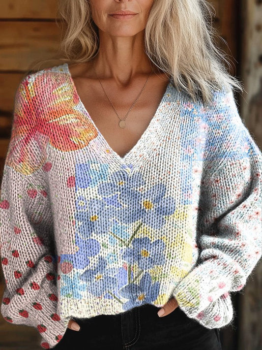 Women's Floral Patchwork Print Casual V-neck Pullover Knit