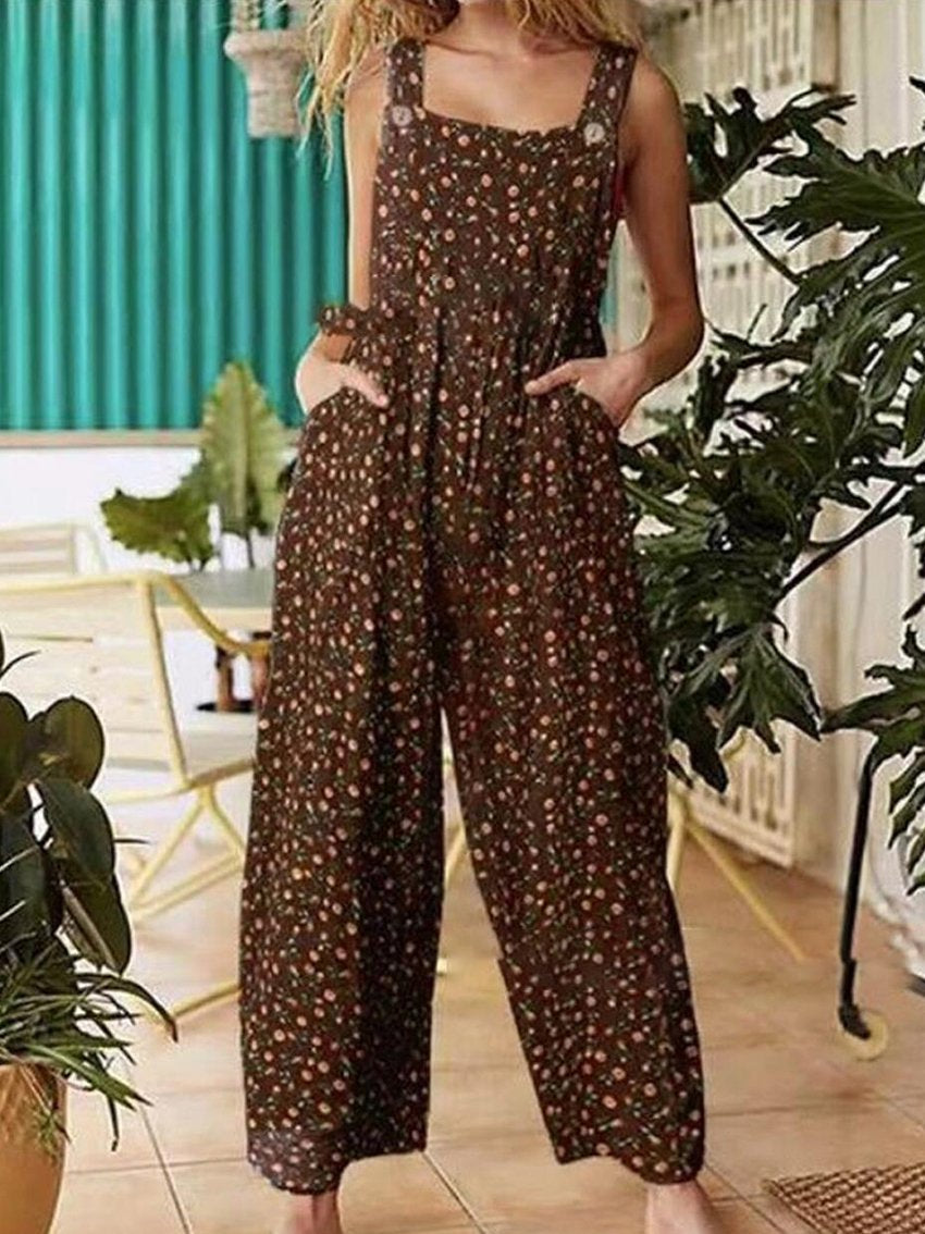 Floral Pattern Hippie Art Print Casual 100% Cotton Wide Leg Jumpsuit