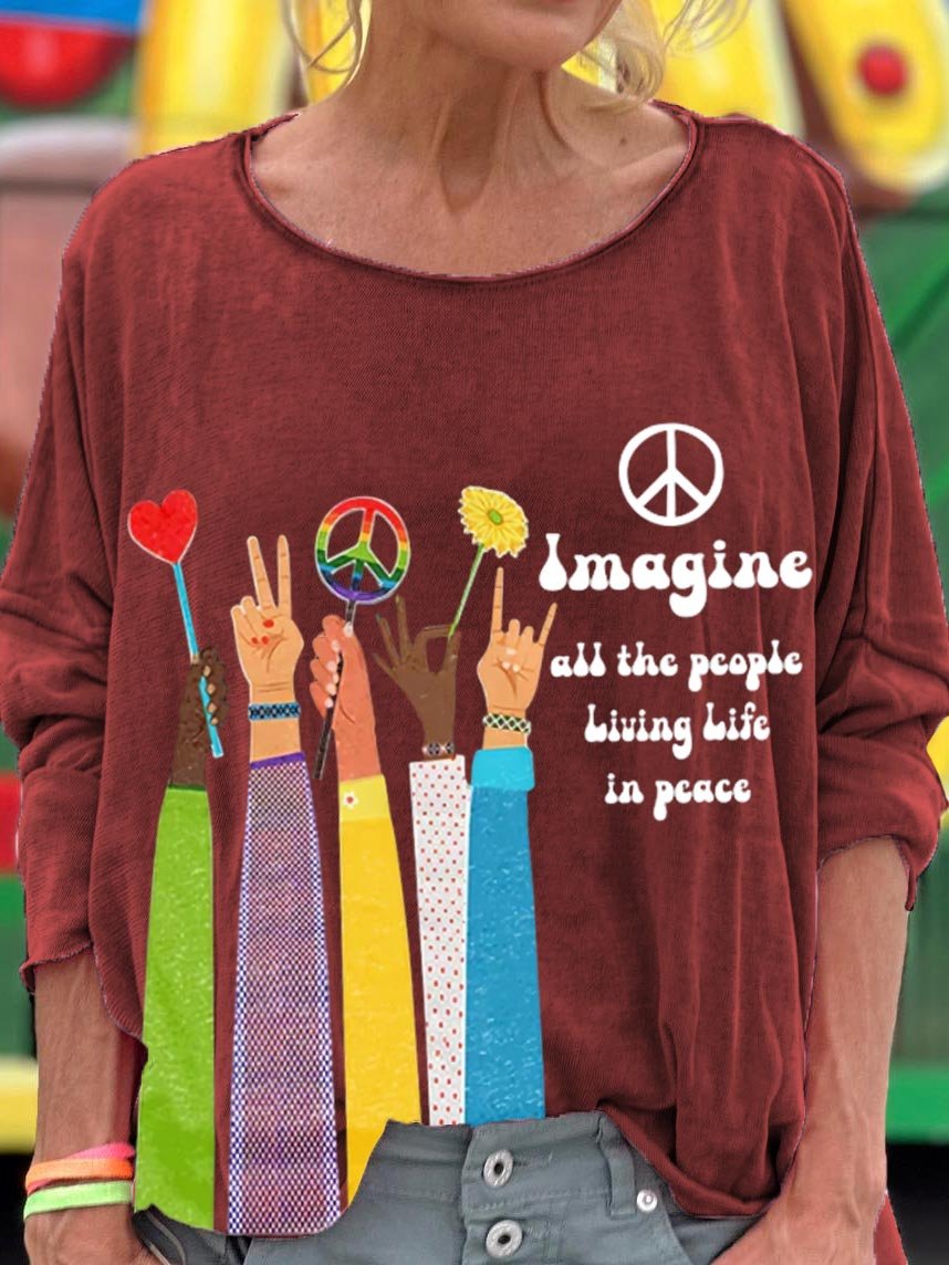 Women's Imagine All The People Living Life In Peace Art Pattern Print T-shirt