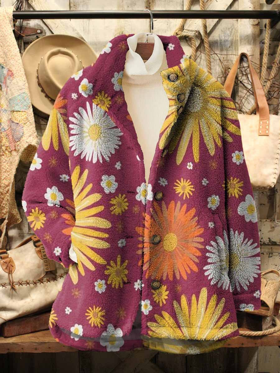 Women's Boho Daisy Art Pattern Casual Sherpa Coat Cardigan