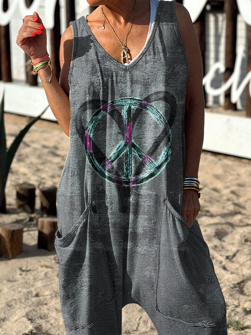 Symbol Pattern Hippie Art Print Casual 100% Cotton Wide Leg Jumpsuit