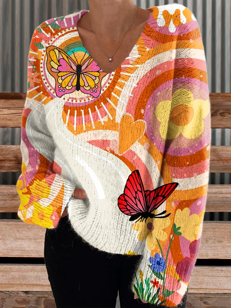 Women's Vintage Hippie Flowers Butterfly Art Print Casual V-neck Pullover Knit