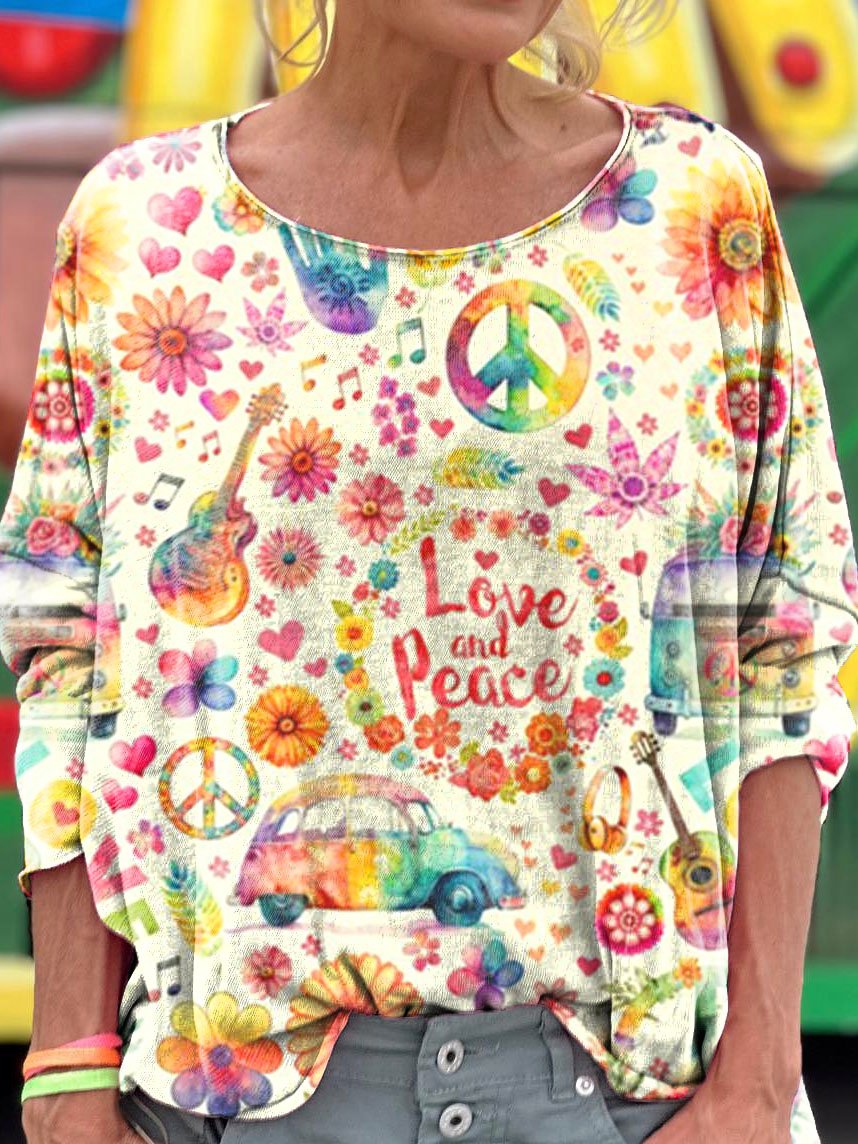 Women's Vintage Hippie Watercolor Peace Flower Power Print Long Sleeve T-shirt