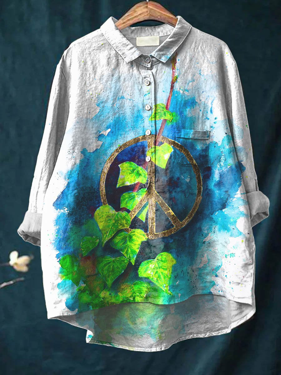 Women's Watercolor Peace Art Pattern Print Casual Cotton And Linen Shirt