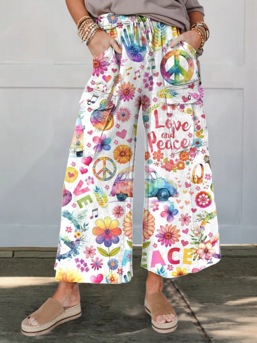 Women's Peace And Love Floral Print Cargo Wide Leg Pant