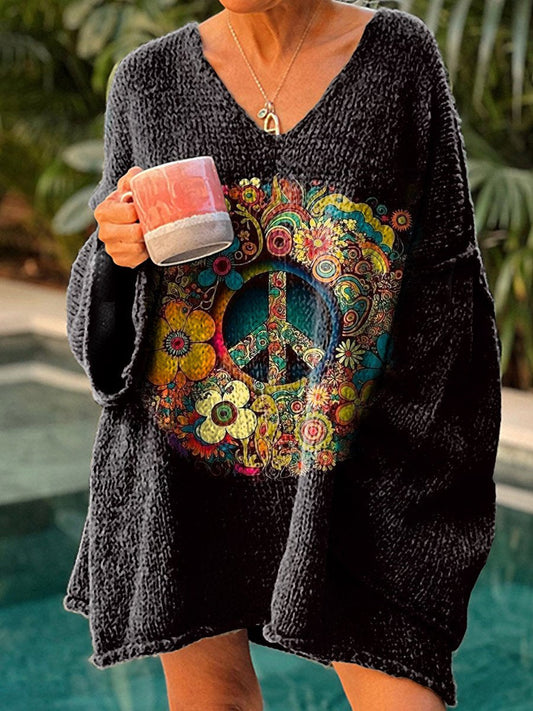 Women's Floral Hippie Art Print Casual Pullover Sweater