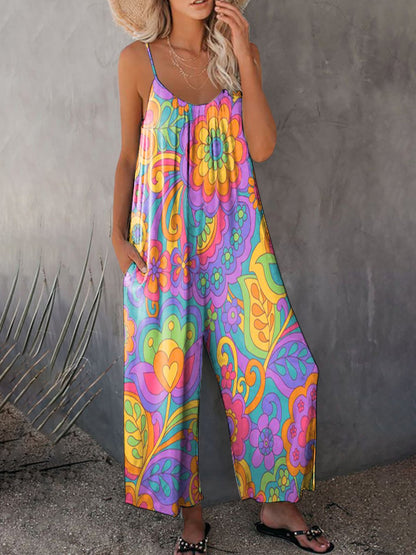 Women's Hippie Print Casual Strap Wide Leg Pants