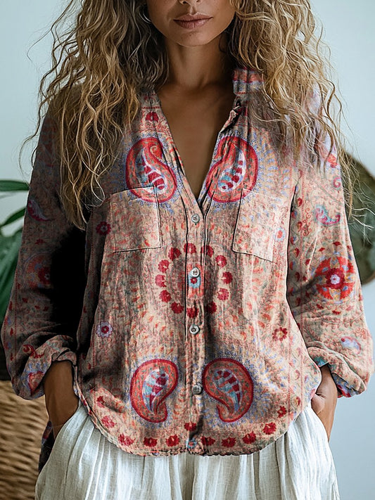 Women's Retro Tribal Style Flowers Print Casual Long Sleeve Comfortable Cotton Shirt