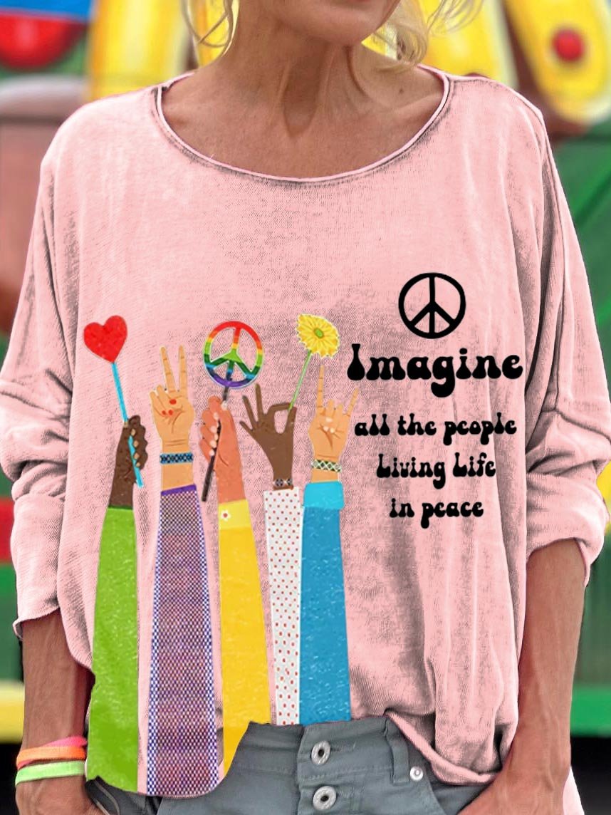 Women's Imagine All The People Living Life In Peace Art Pattern Print T-shirt