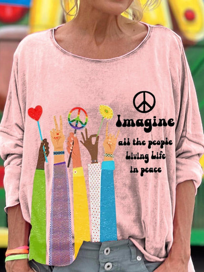 Women's Imagine All The People Living Life In Peace Art Pattern Print T-shirt