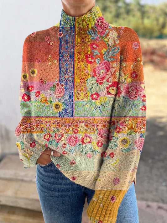 Women's Floral Patchwork Art Print Knitted Turtleneck Sweater