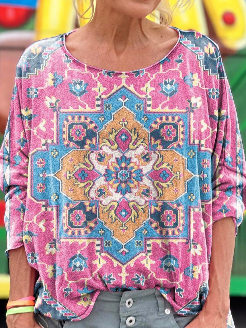 Retro Bohemian Floral Totem Art Print Casual Long Sleeve T-shirt