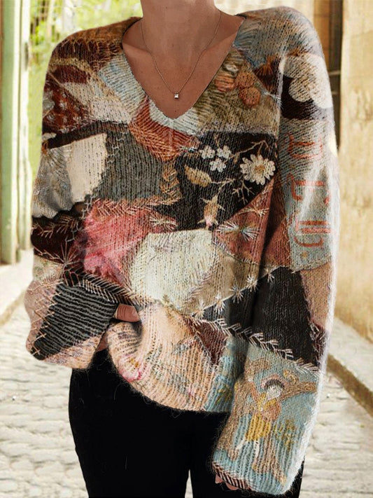 Women's Vintage Floral Patchwork Casual V-neck Pullover Knit