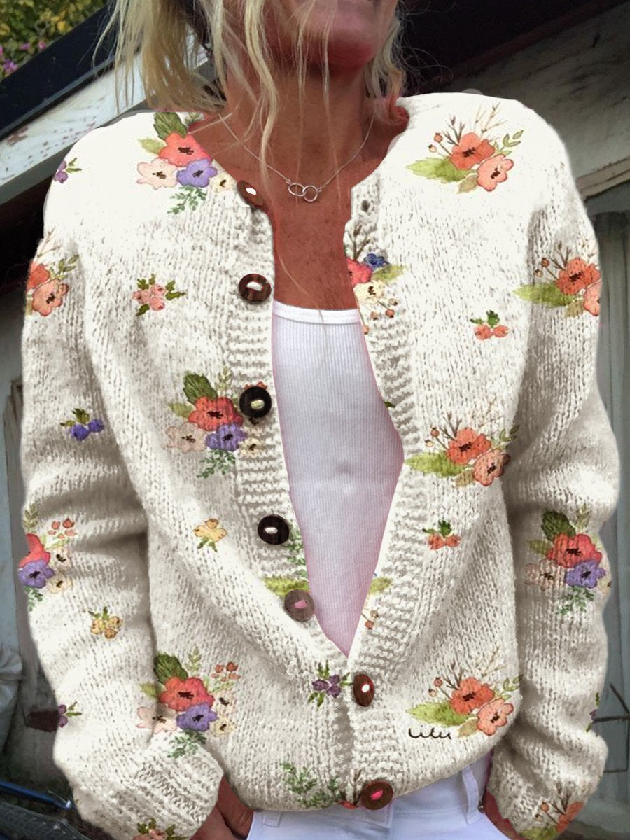 Casual Floral Print Buttoned Cardigan Sweater