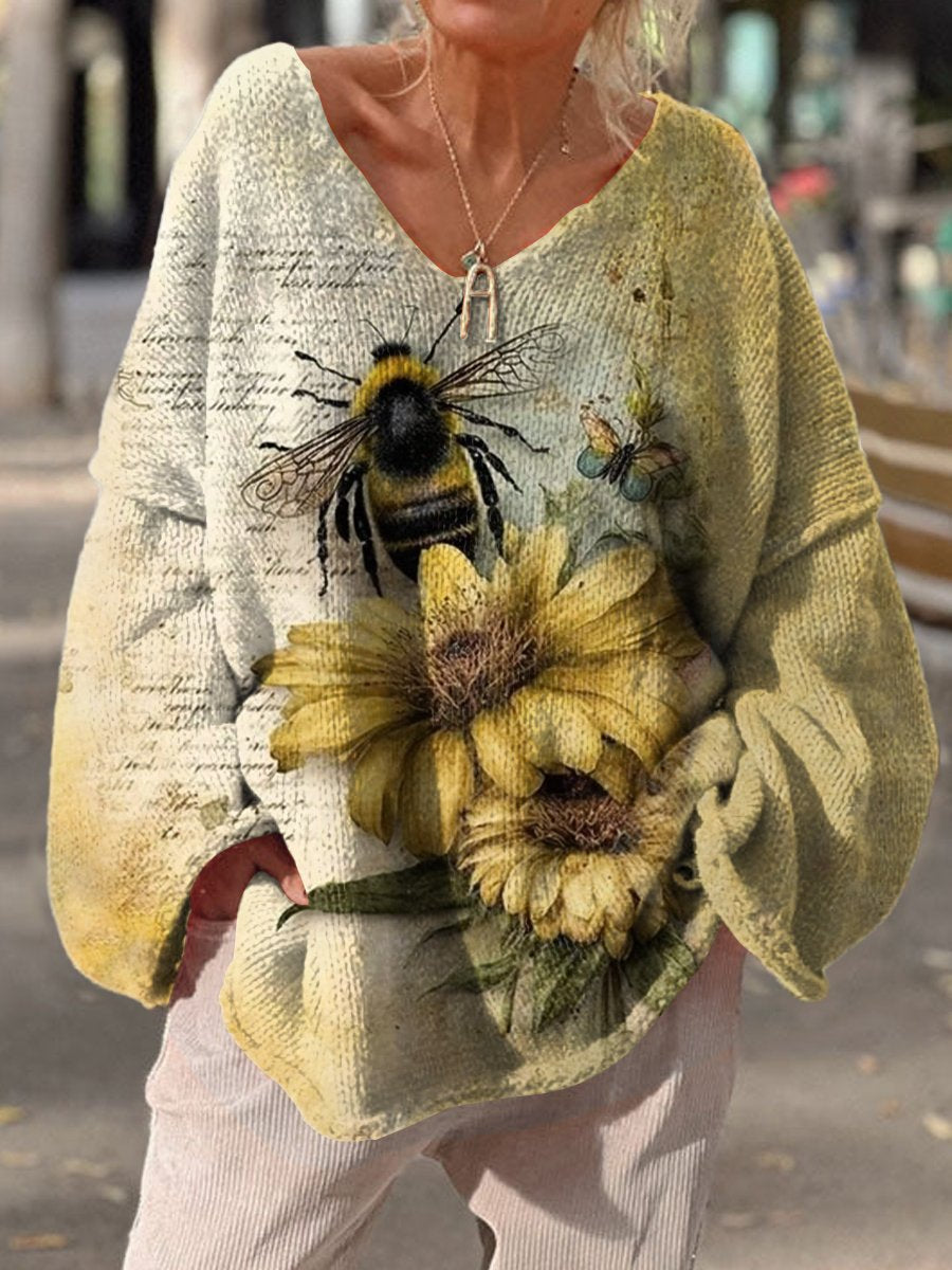 Women's Vintage Bee Sunflower Pattern Casual V Neck Pullover Sweater