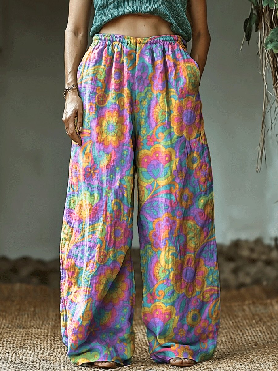 Women's Colorful Flowers Printed Cotton And Linen Casual Pants