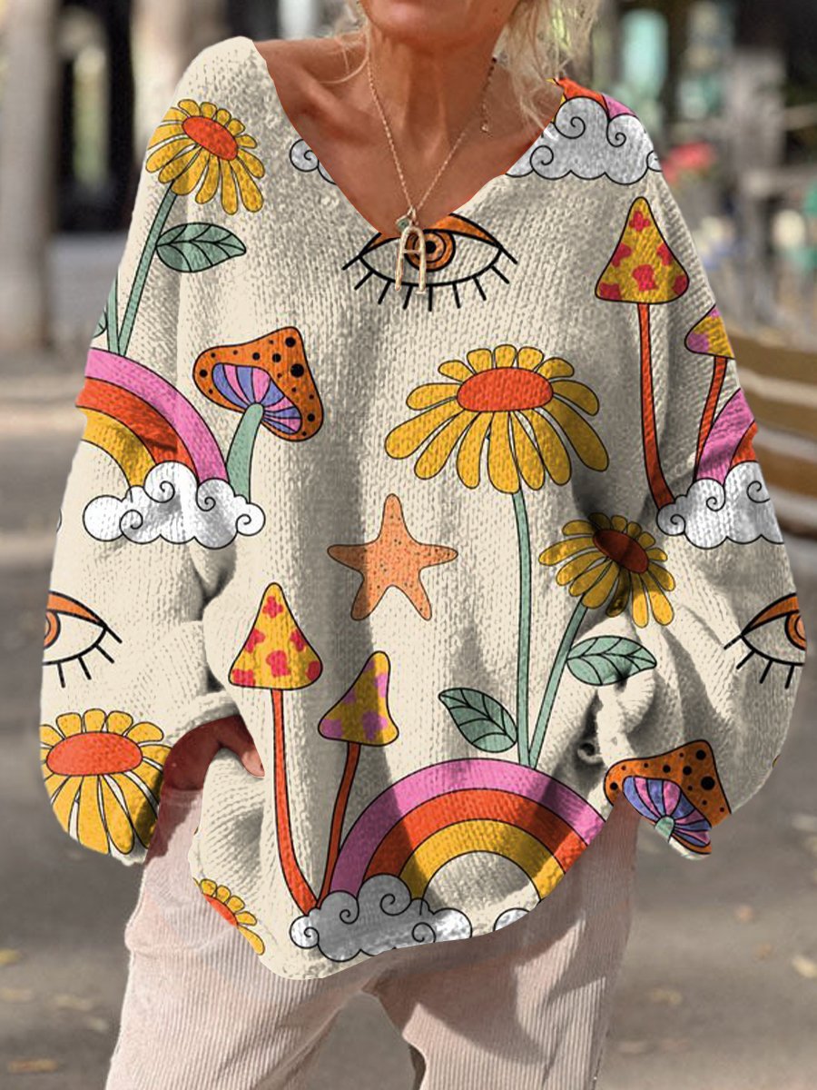 Women's Hippie Art Floral Mushroom Rainbow Pattern Print Casual Pullover Sweater