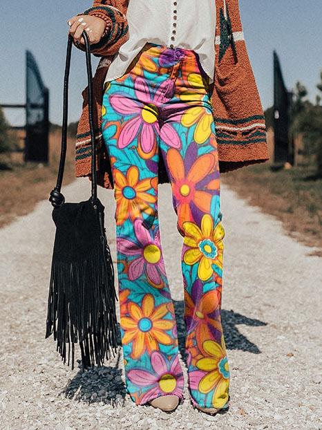 Women's Retro Groovy Flowers Print Wide Leg Pants