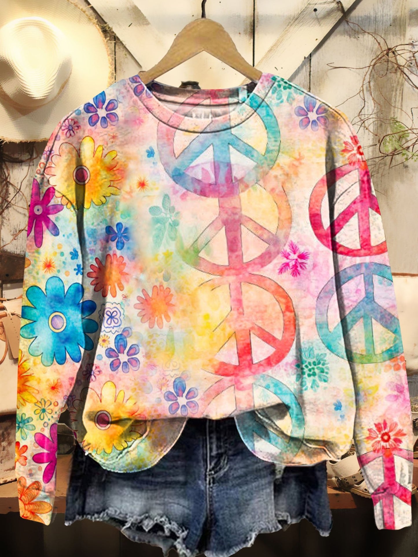 Watercolor Flowers Hippie Pattern Print Casual Sweatshirt