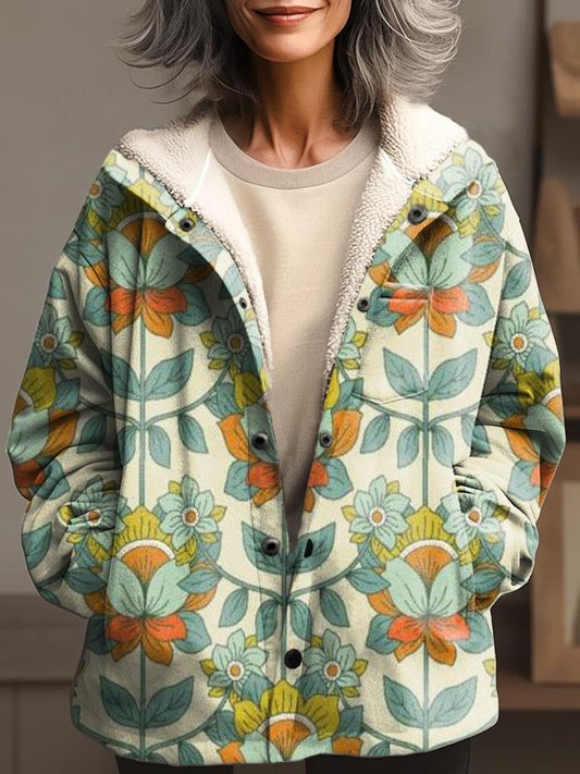 Retro Floral Print Waffle Plush Thick Long-Sleeved Hooded Coat