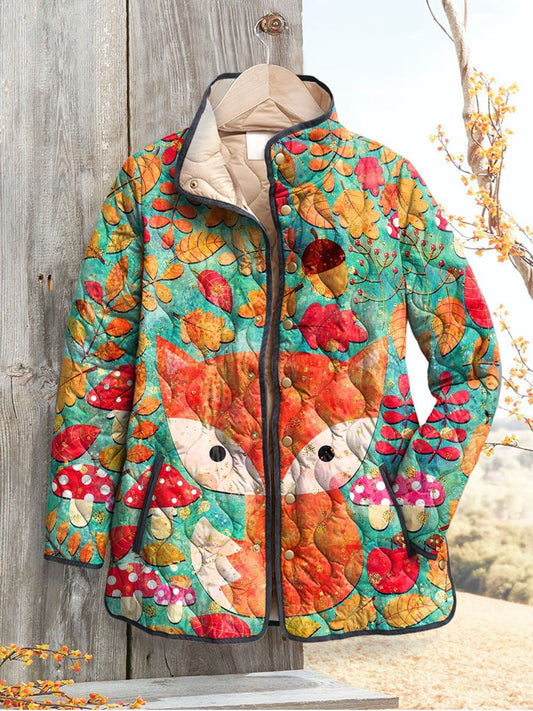 Women's Vintage Lovely Fox Floral Art Print Casual Quilted Cardigan