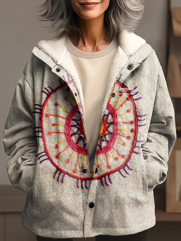 Women's Retro Floral Embroidery Print Waffle Plush Thick Long-Sleeved Hooded Coat